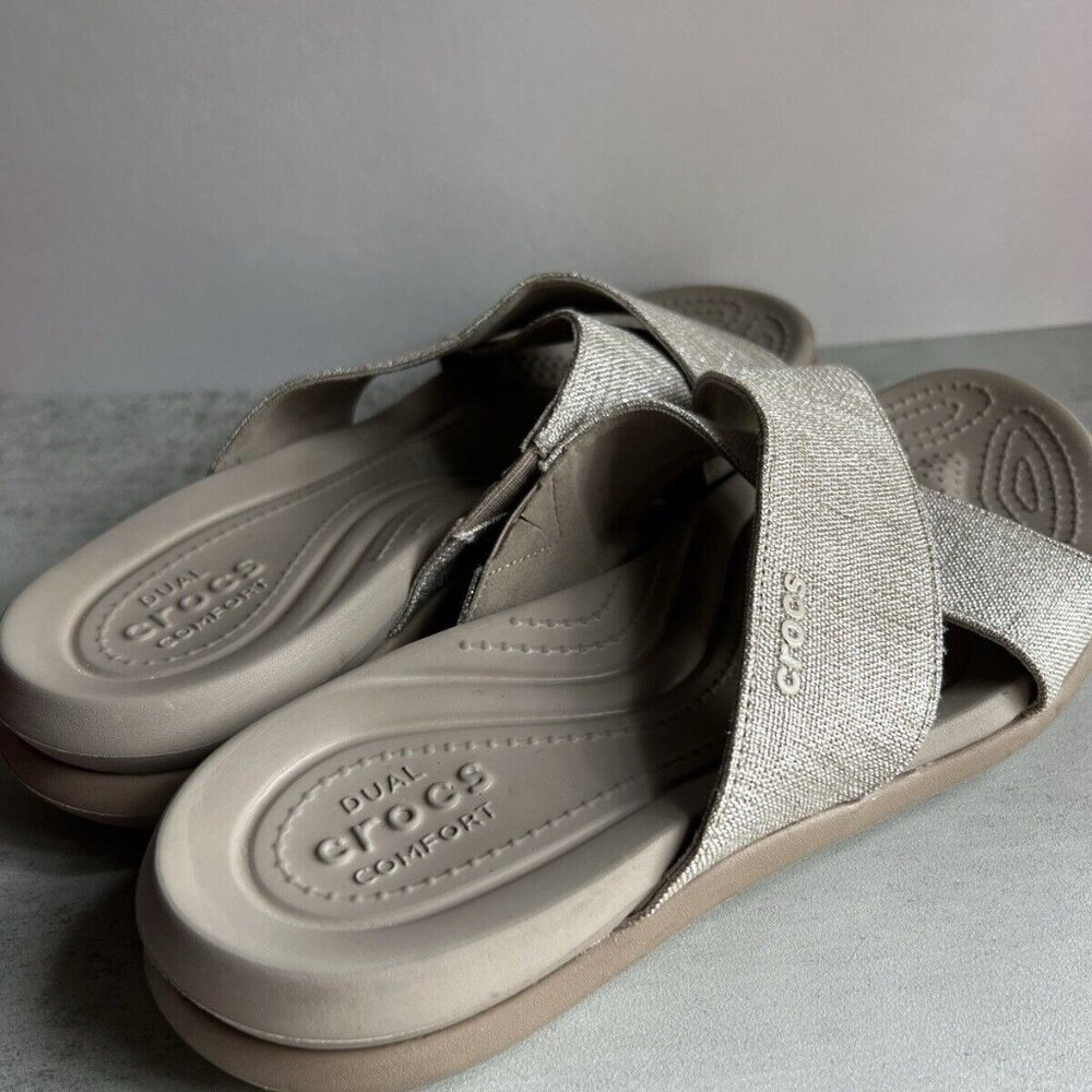 CROCS Women's Metallic Taupe Cross-Band Sandals - Picture 9 of 16